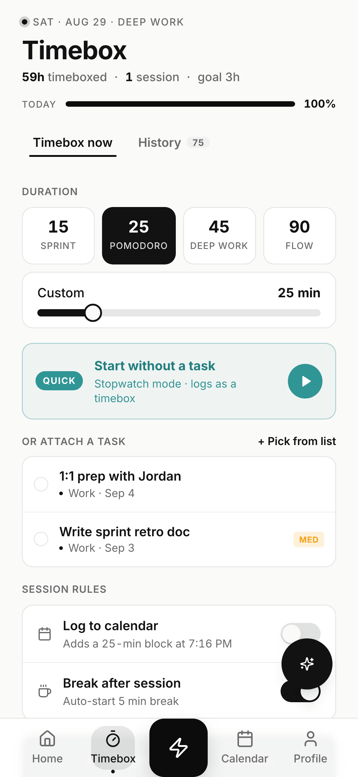 ActionList Timebox screen with duration presets and session rules