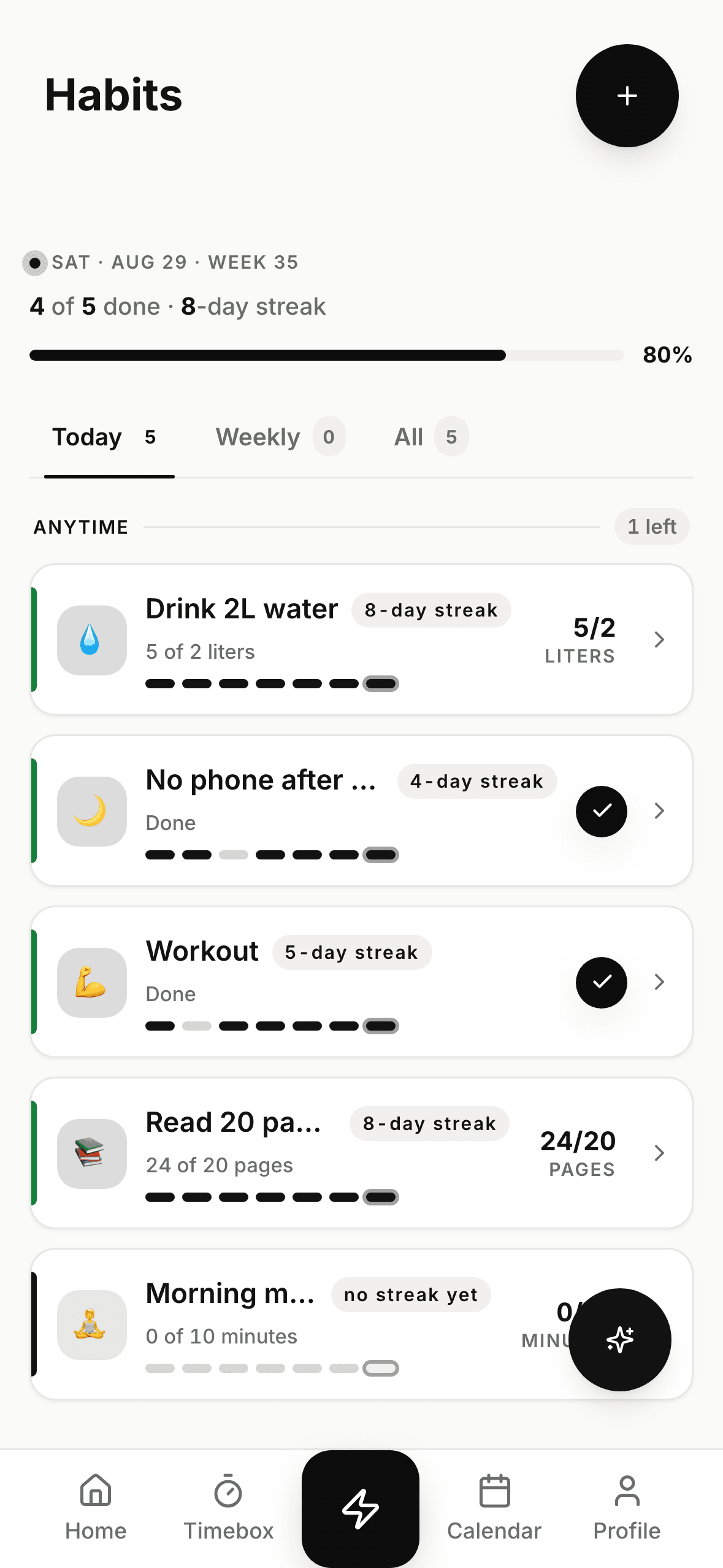 Today's habits with rings, counters and streaks
