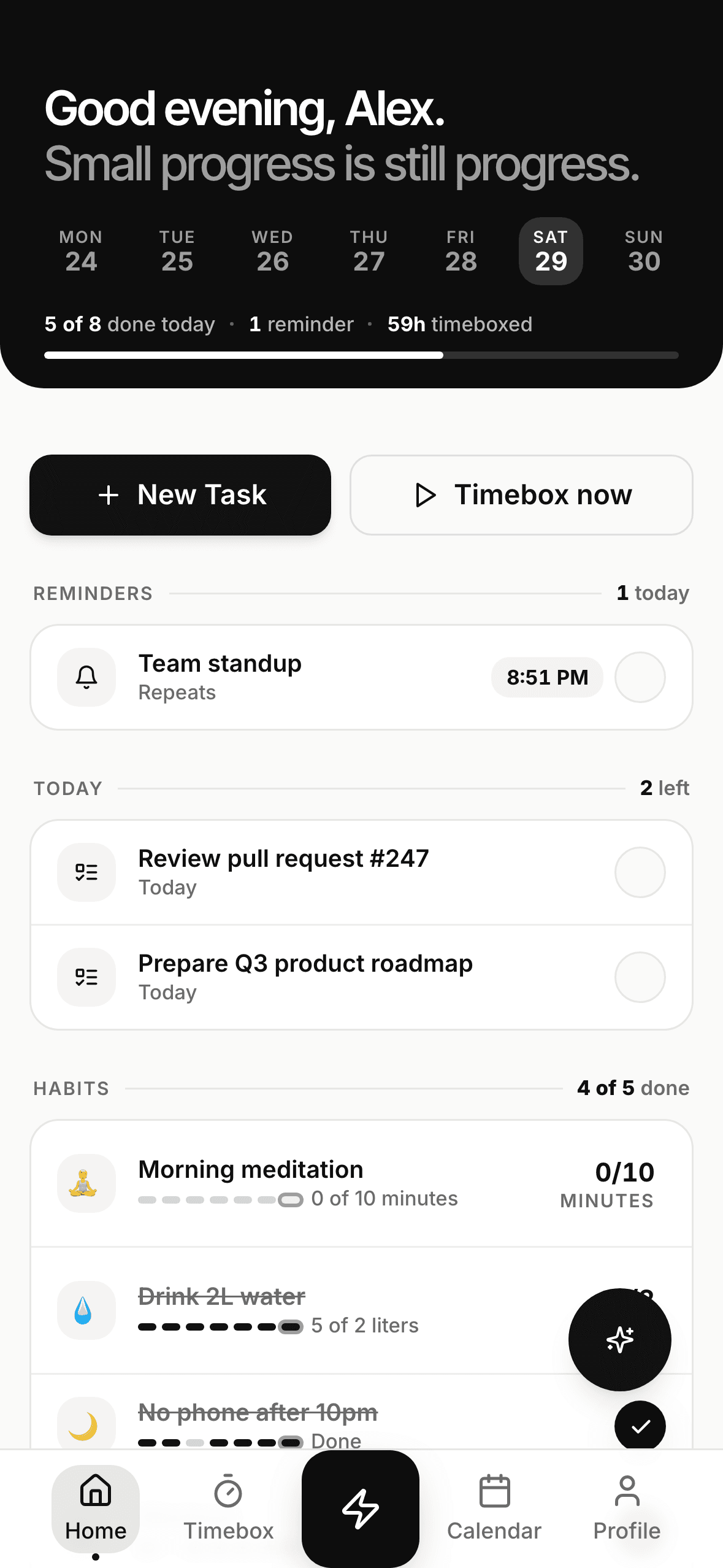 Home: today's reminders, tasks and habits in one list