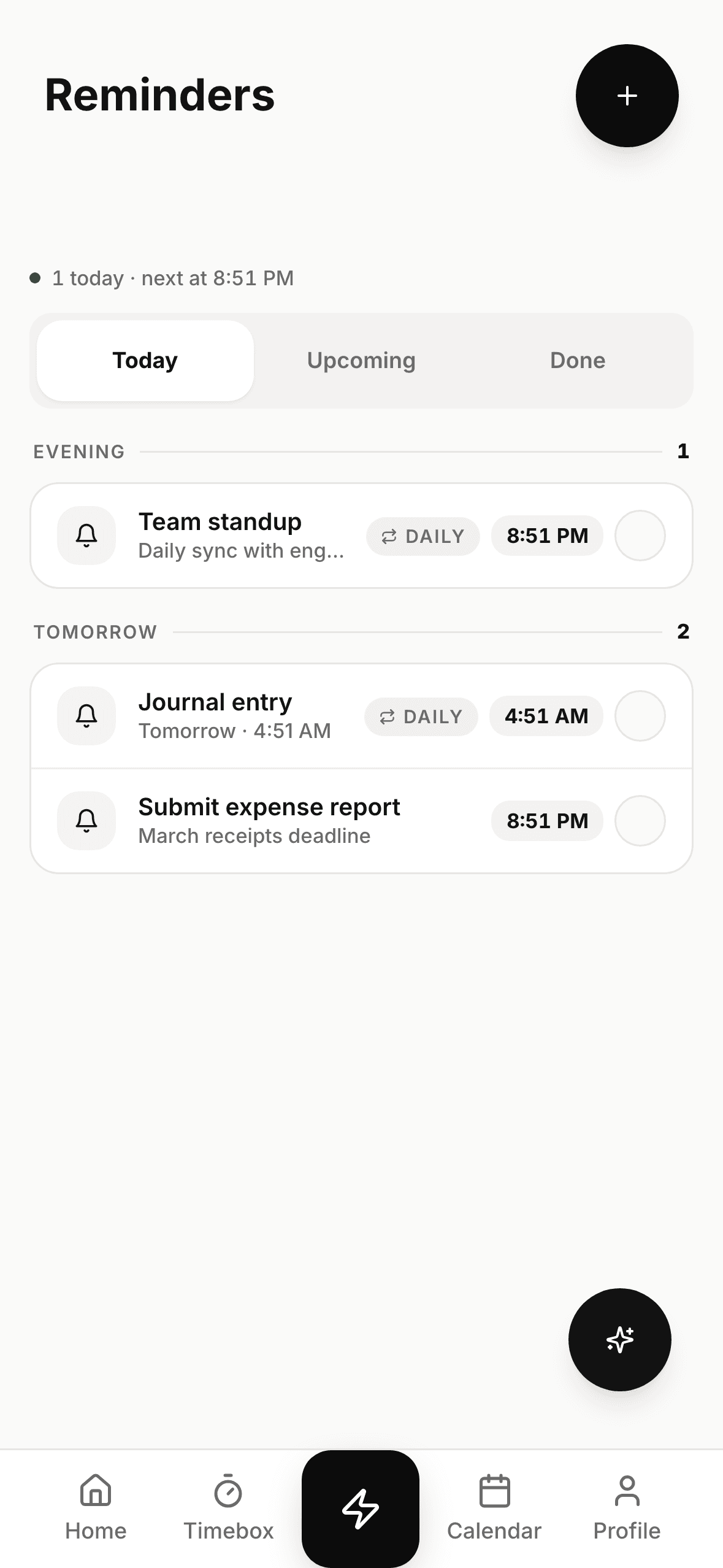 ActionList reminders grouped by time of day