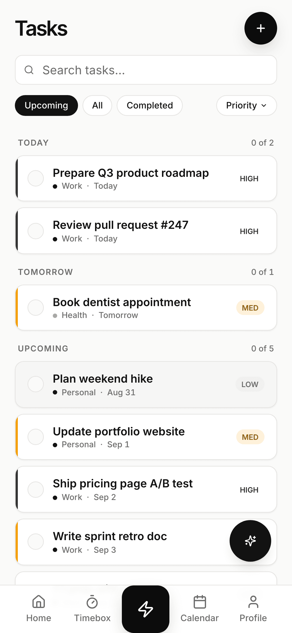 ActionList tasks grouped into today, tomorrow and upcoming