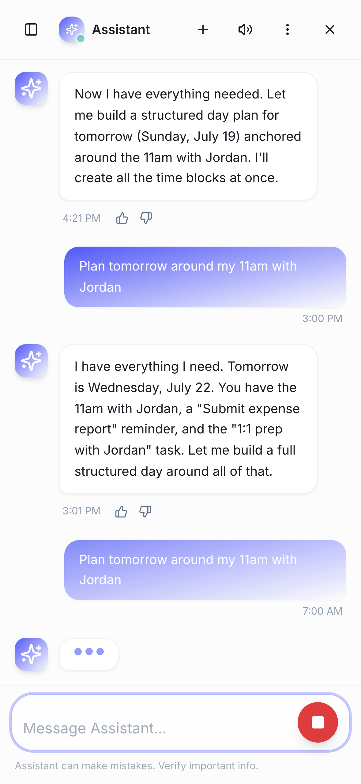 ActionList AI assistant conversation showing a drafted day plan