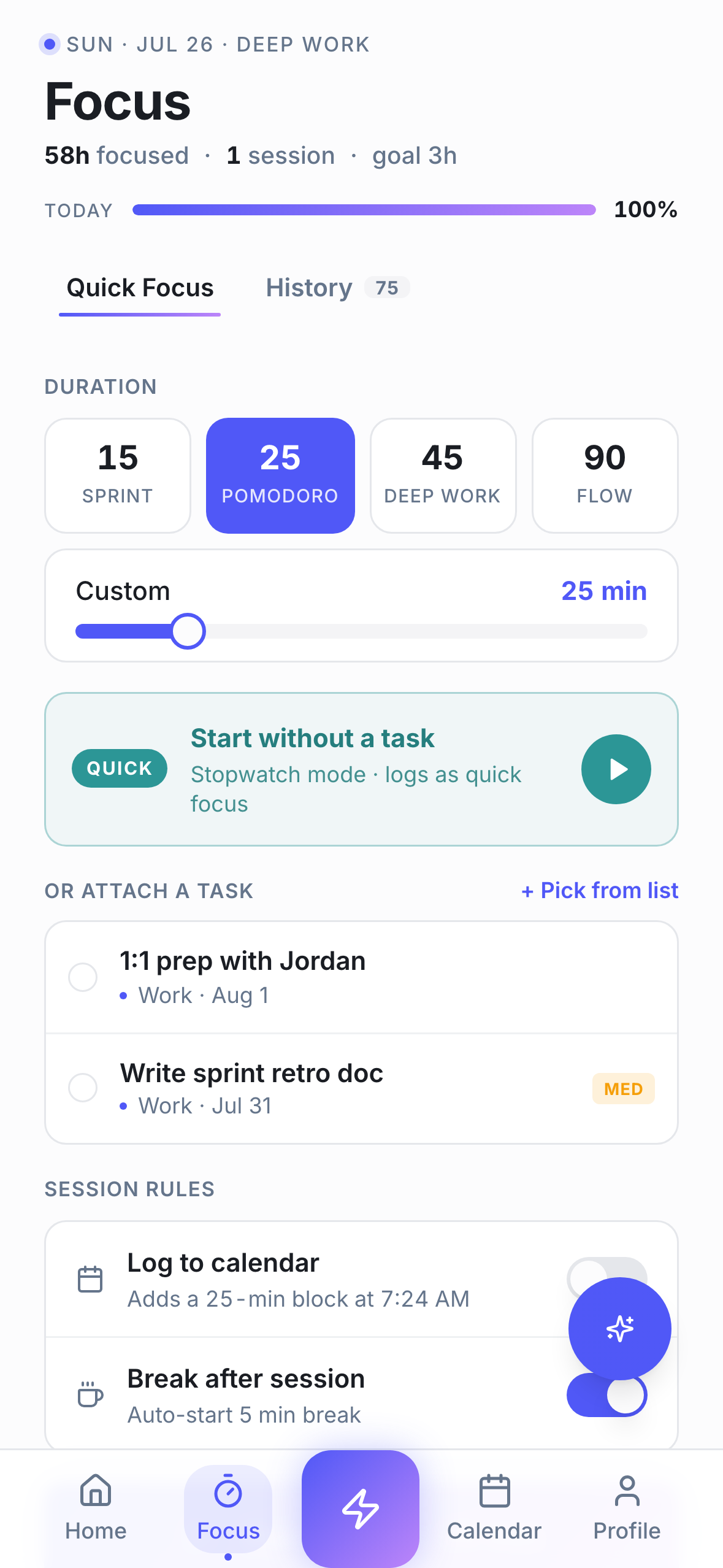 ActionList Pomodoro focus session preset ready to start