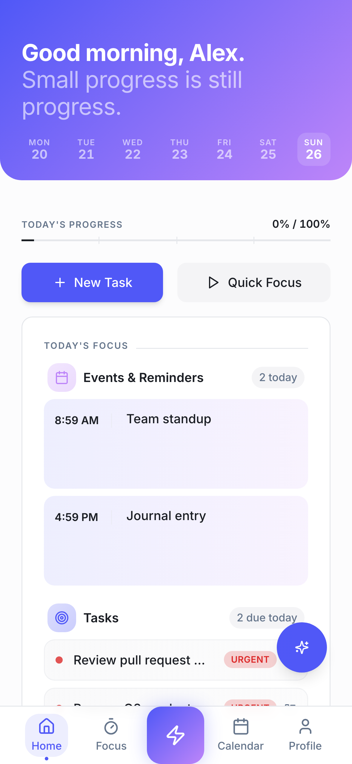 ActionList simplified home dashboard showing today's focus