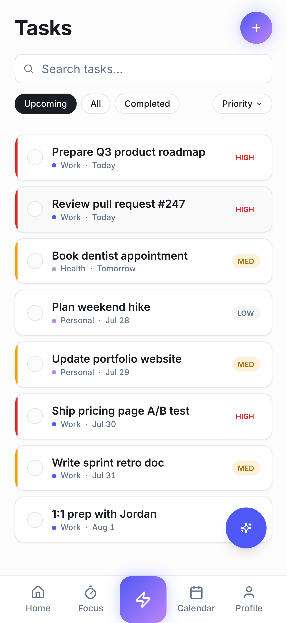 ActionList task list with priorities and due dates